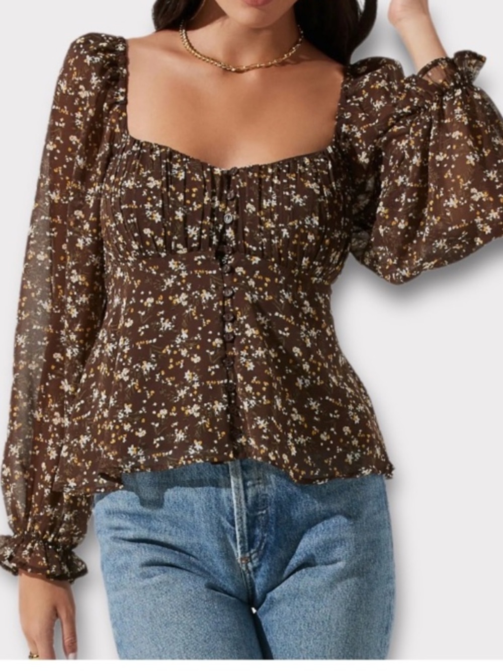 ASTR Brown Floral Square-Neck Puff Sleeve Blouse NWOT Medium